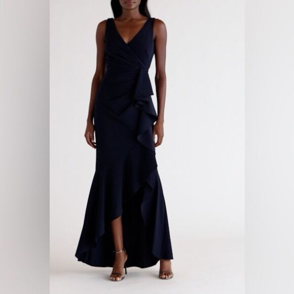 Betsy & Adam Cascade‎ Ruffle High-Low V-Neck Gown navy blue size 4 NWT in pkg - Picture 3 of 8